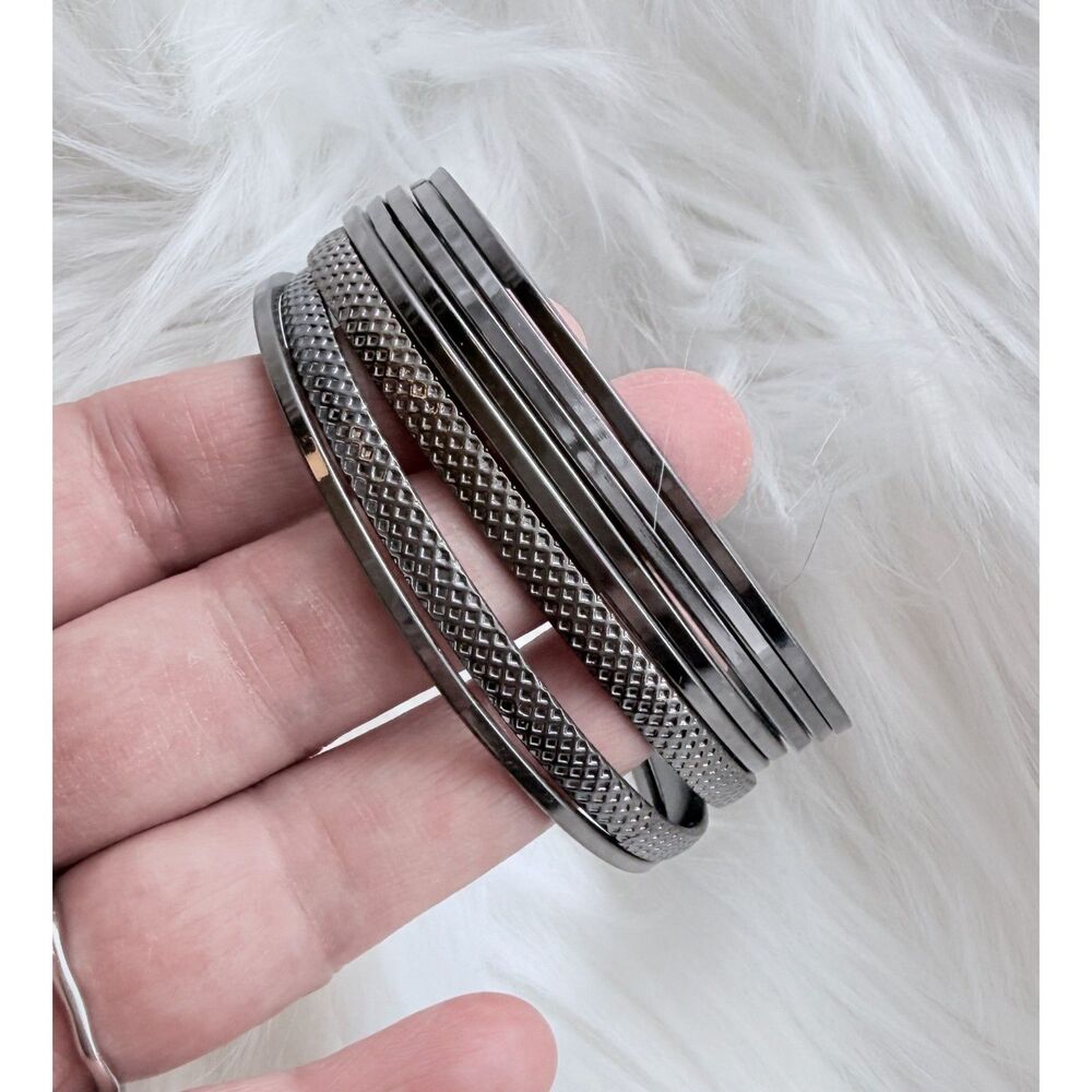 Vintage Stack of 8 Silver Tone Bangles Bracelets  Textured & Smooth Cuffs